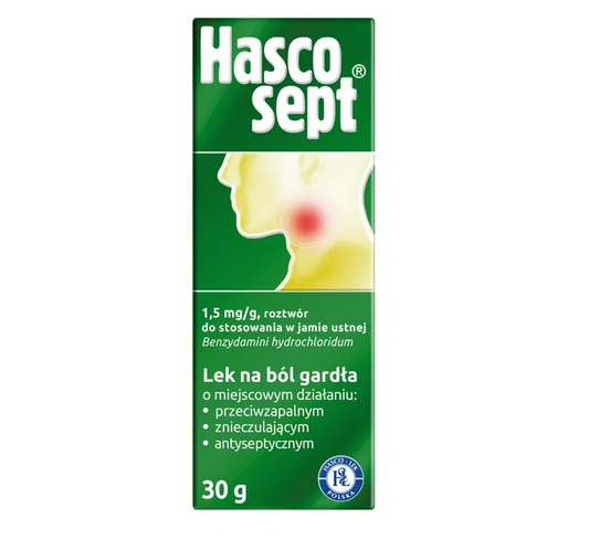 Hascosept, 1,5 mg/g, aerozol do stosowania w jamie ustnej, 30 g