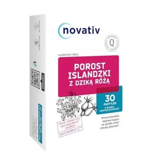 Porost Islandzki z dziką różą, 30 pastylek do ssania. Novativ